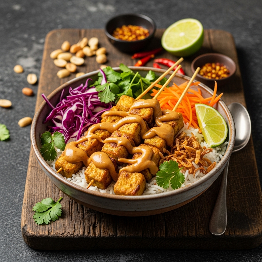 “Indonesian Vegan Rice Bowl with Tofu Satay and Peanut Sauce: A Fragrant and Wholesome Meal”