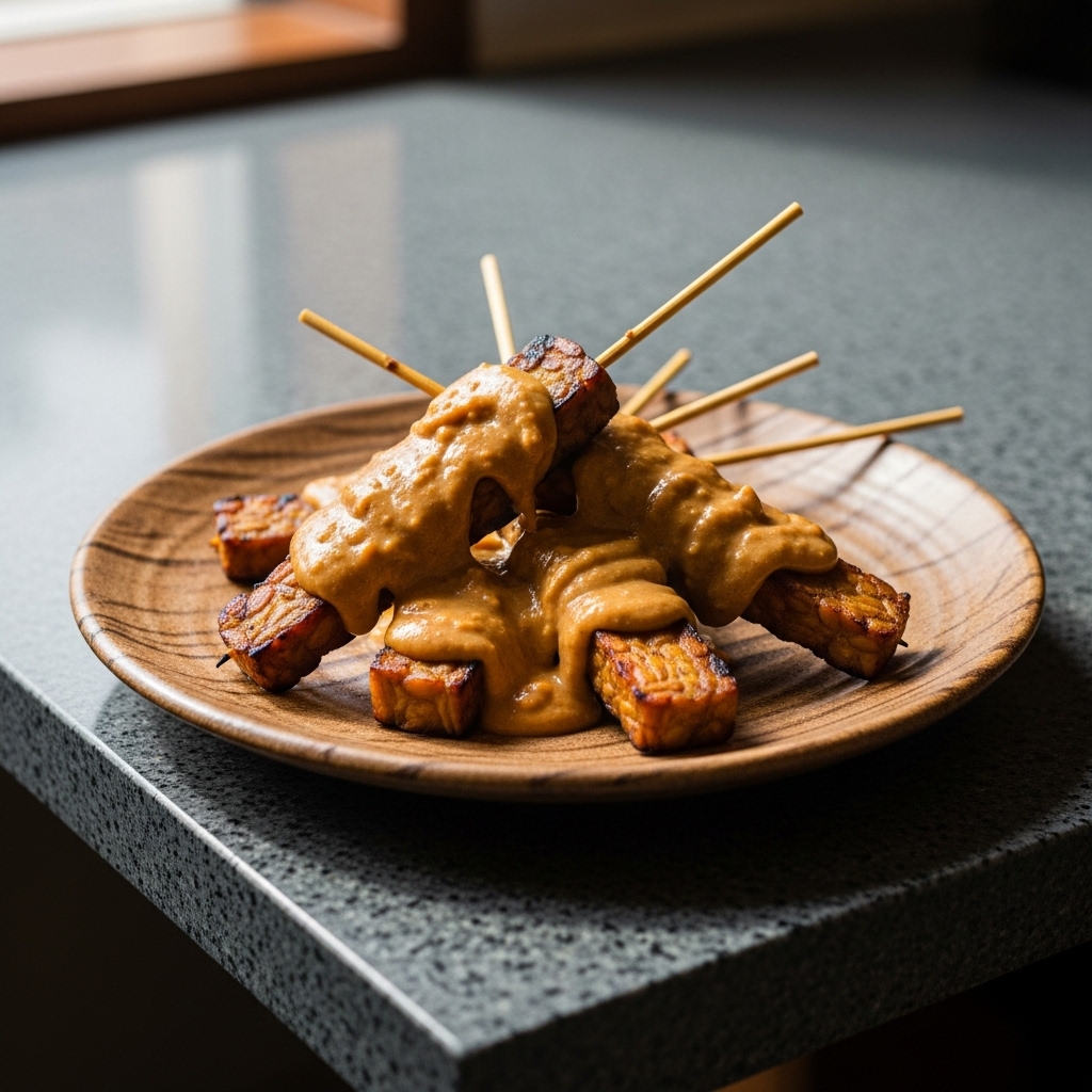 Indonesian Vegan Tempeh Satay Skewers with Peanut Sauce