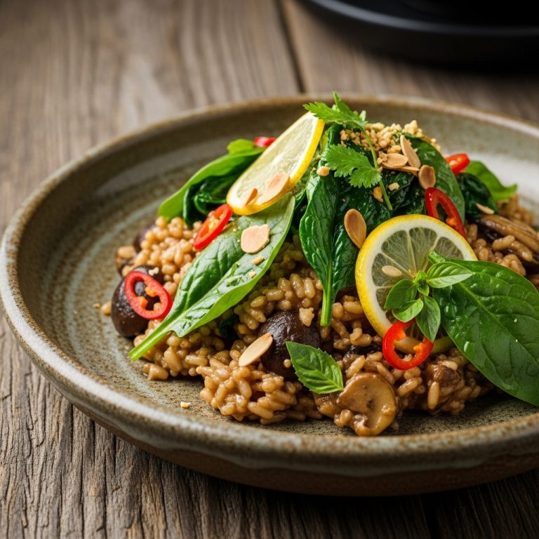 Indonesian Vegetarian Mushroom Risotto with Lemon-Garlic Spinach