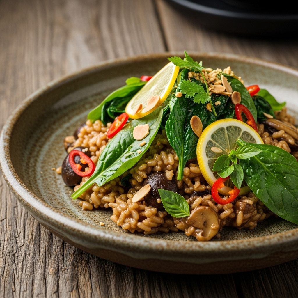 Indonesian Vegetarian Mushroom Risotto with Lemon-Garlic Spinach