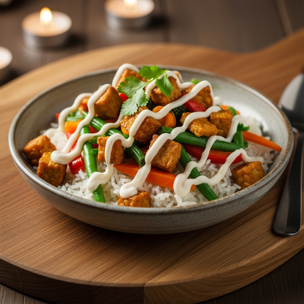 Indonesian Vegetarian Rice Bowl with Tofu Tempeh, Seasonal Veggies, and Coconut Lime Sauce