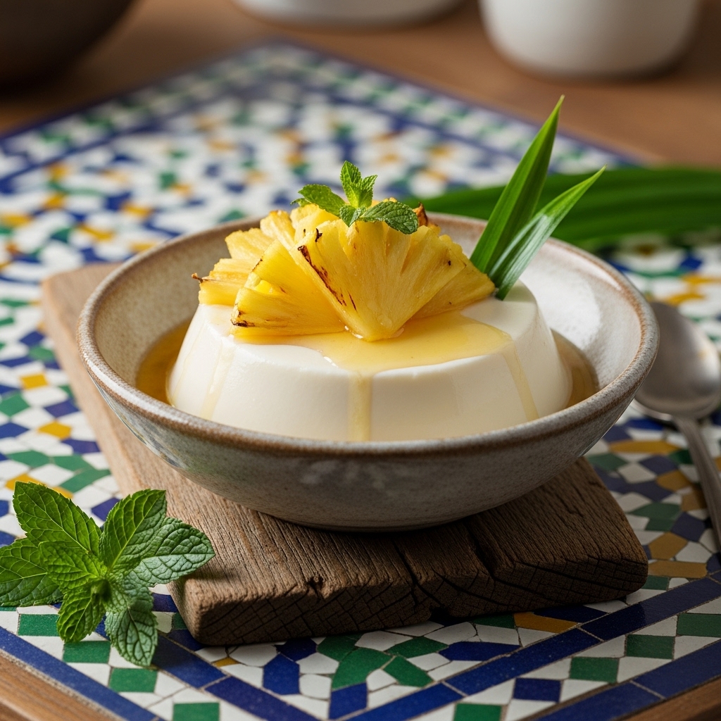 Indulgent Paleo Indonesian Coconut Panna Cotta with Palm Sugar-Roasted Pineapple Slices