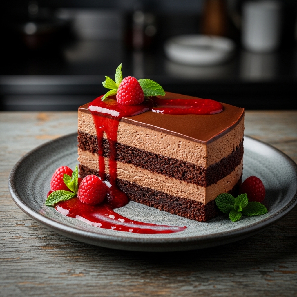 Indulgent Vegan Chocolate Mousse Torte with Raspberry Coulis