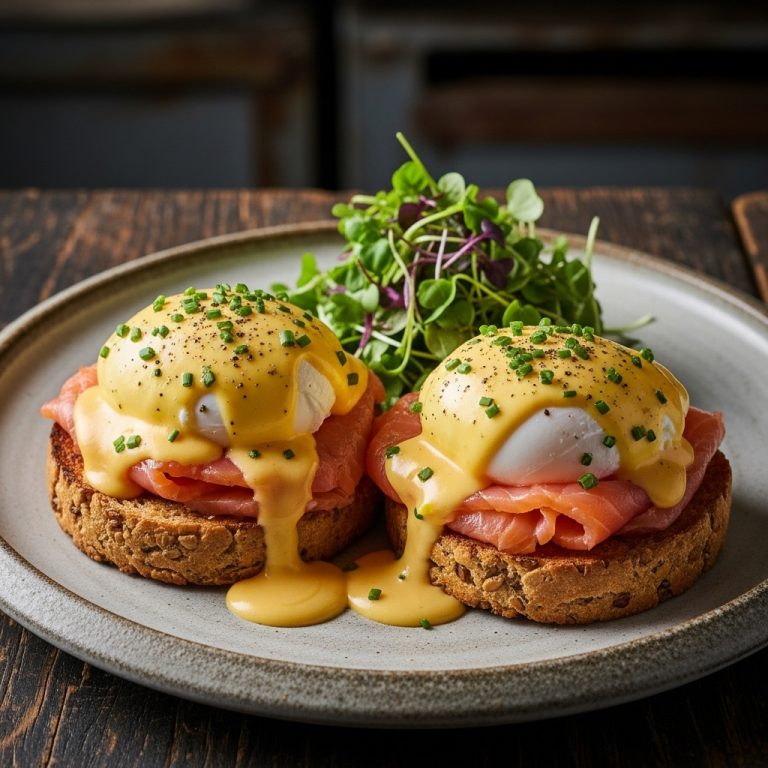 “Irish Brunch Delight: Aromatic Smoked Salmon Eggs Benedict with Wholemeal Soda Bread”