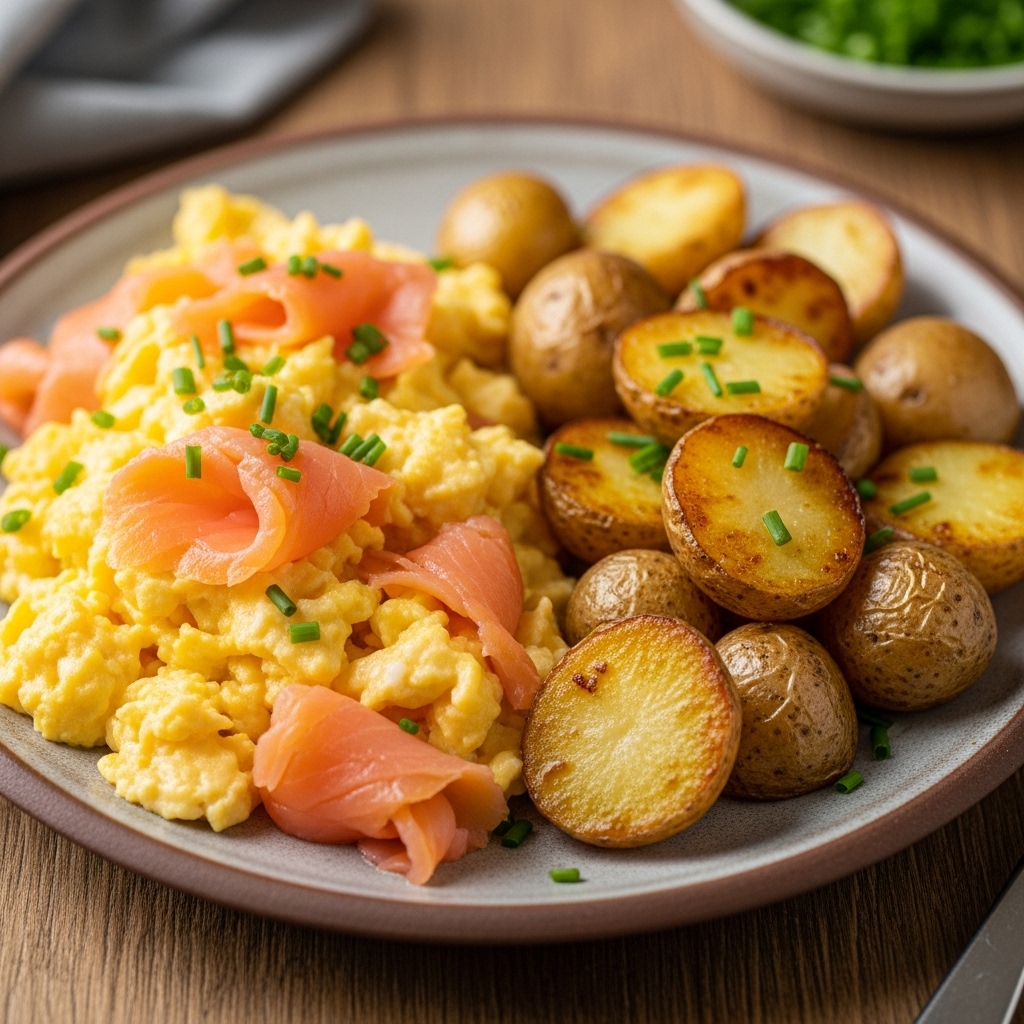 Irish Brunch Delight: Scrambled Eggs with Smoked Salmon and Roasted Potatoes