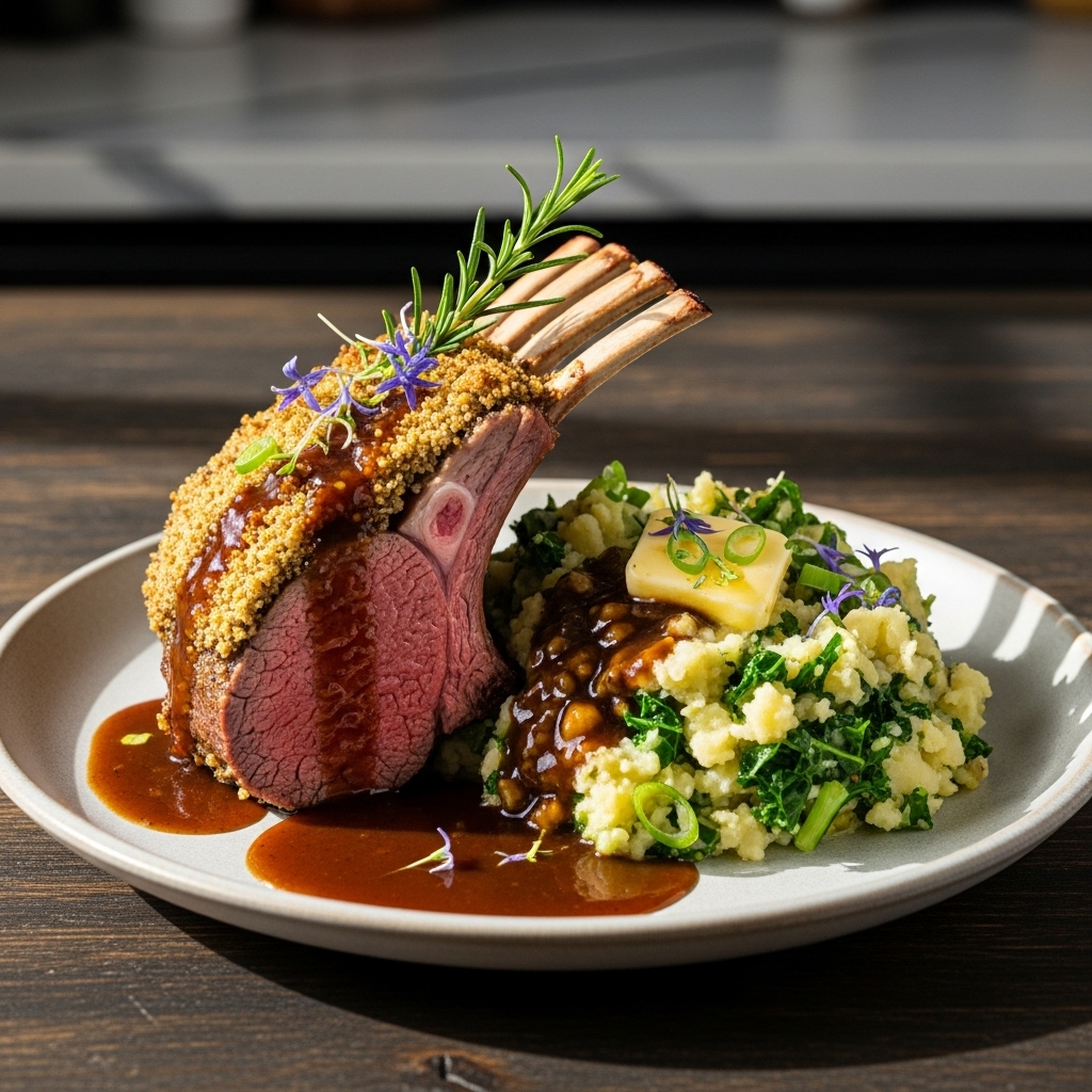 “Irish Culinary Masterpiece: Herb-Crusted Rack of Lamb with Creamy Colcannon and Stout-Infused Gravy”