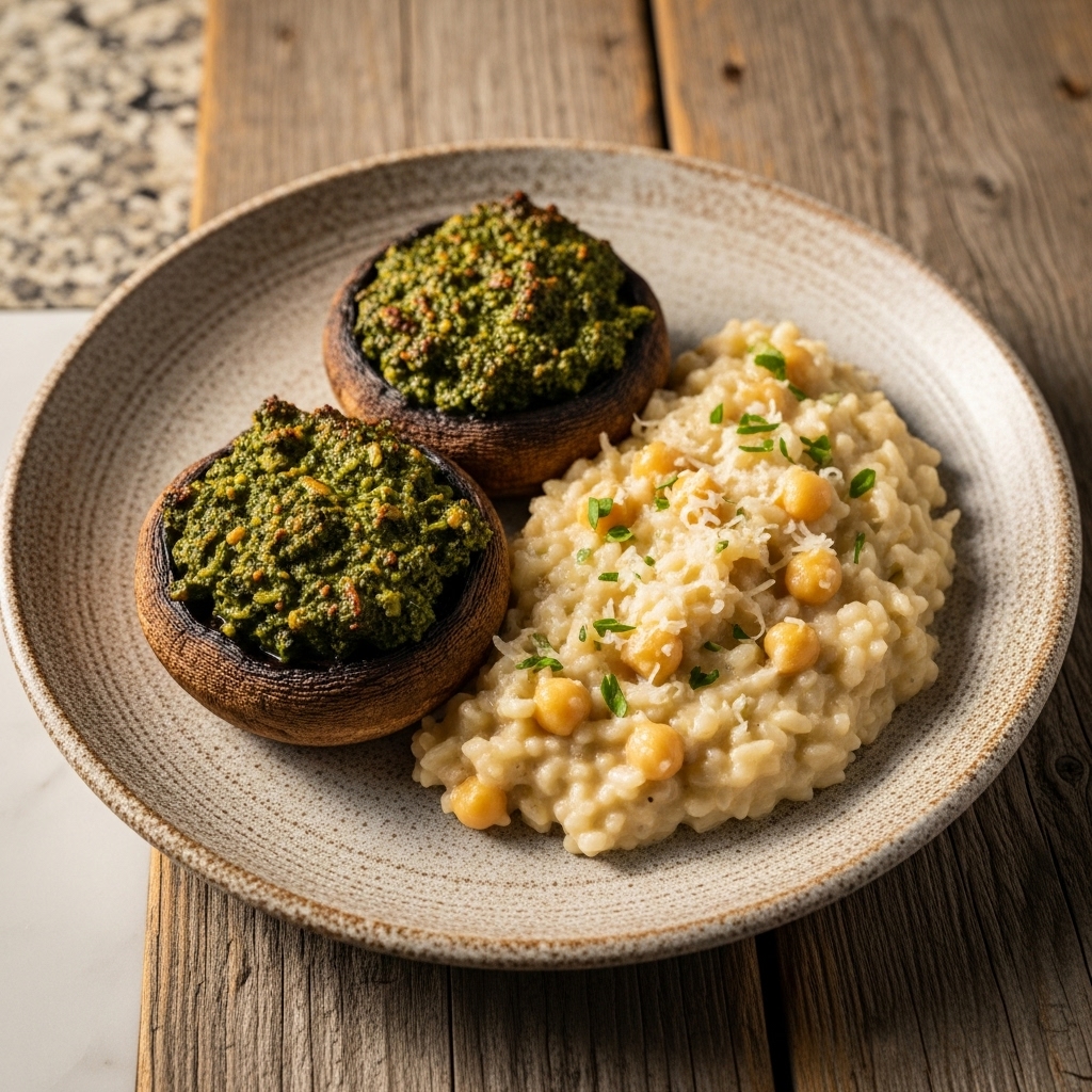 Irish Vegan Wild Garlic Pesto Stuffed Portobello Mushrooms with Creamy Chickpea Risotto
