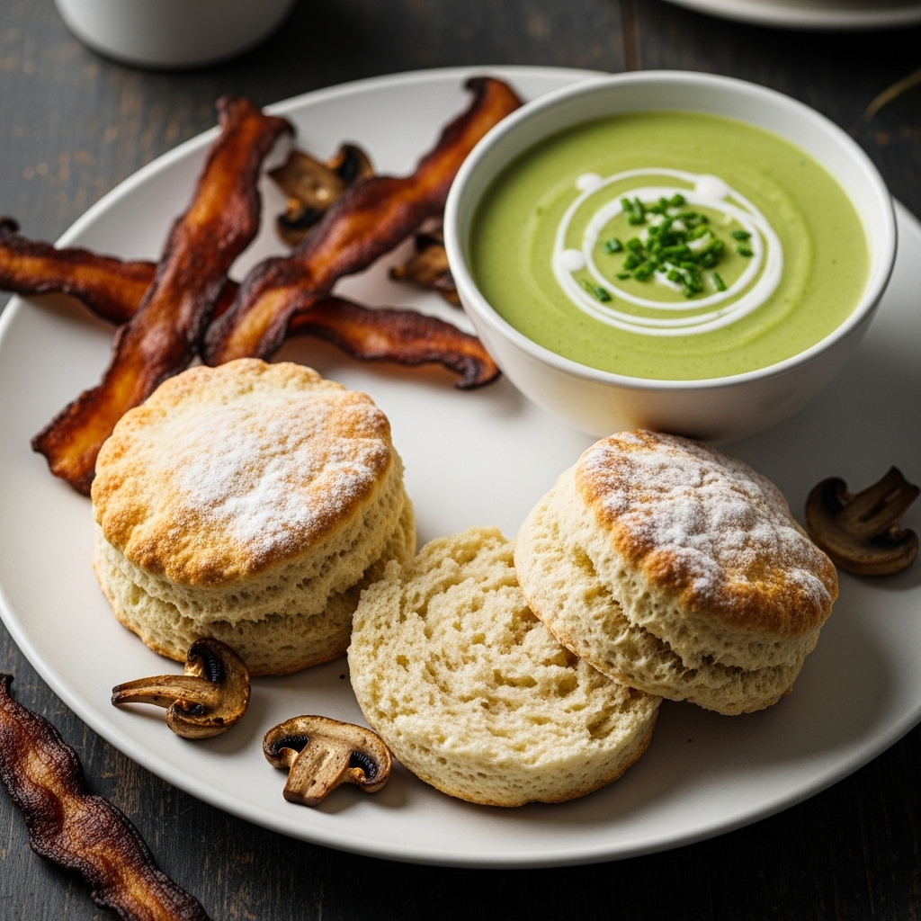 Irish Vegetarian Brunch Delight: Wholesome Scones with Creamy Asparagus Soup and Crispy Mushroom Bacon