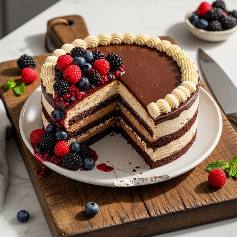 “Irresistible Irish Cream Mousse Torte with Luscious Berry Compote”