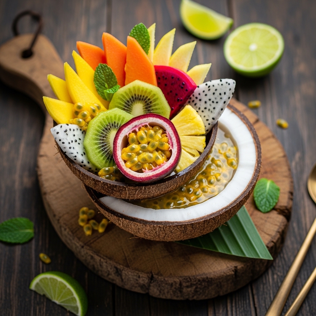 Island Sunrise Tropical Fruit Salad in Coconut-Lime Syrup