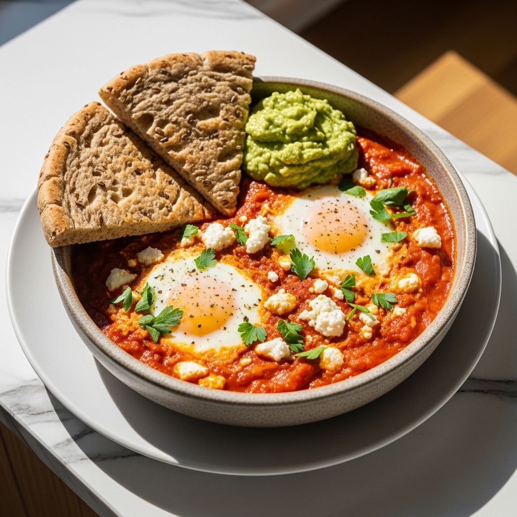 Israeli Brunch Delight: Creamy Shakshuka with Whole-Grain Pita Bread and Avocado Spread