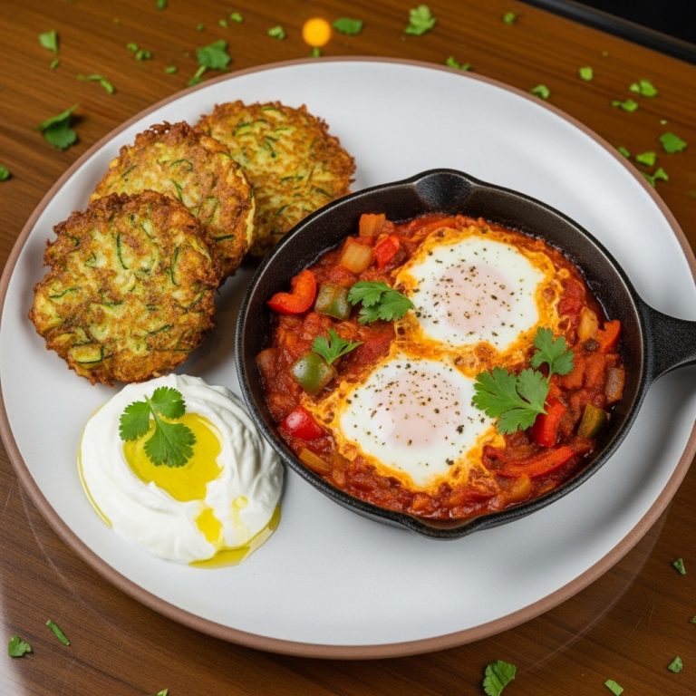 “Israeli Brunch Delight: Mouthwatering Veggie Shakshuka with Crispy Zucchini Fritters”