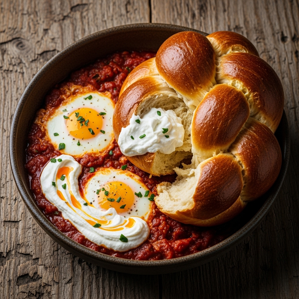 Israeli Brunch Delight: Shakshuka & Labneh-Dipped Challah Bread Bowl