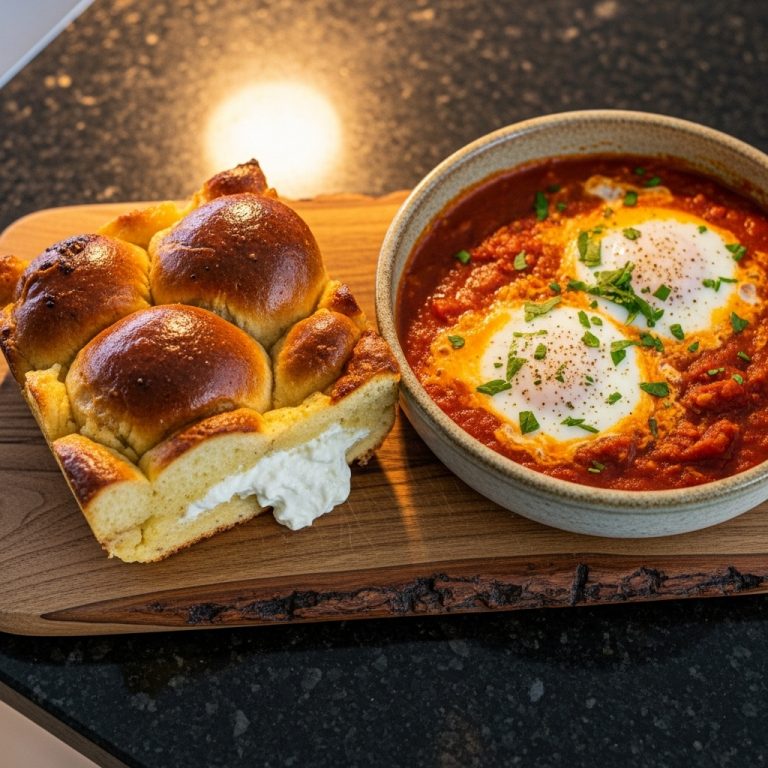 Israeli Brunch Delight: Shakshuka and Labneh-Stuffed Challah Bread Pudding