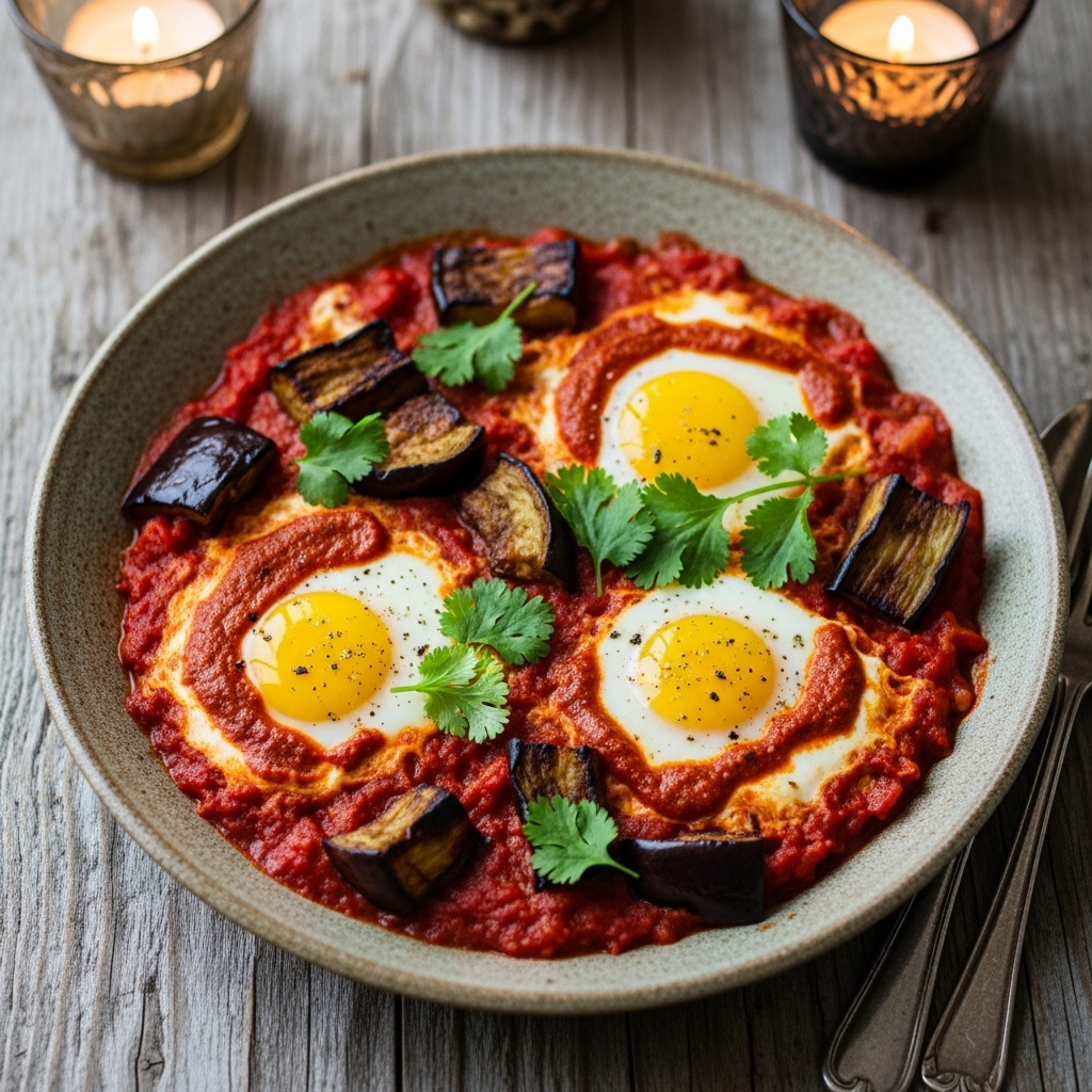 Israeli Brunch Shakshuka with Smoky Eggplant & Spicy Harissa – Paleo Friendly