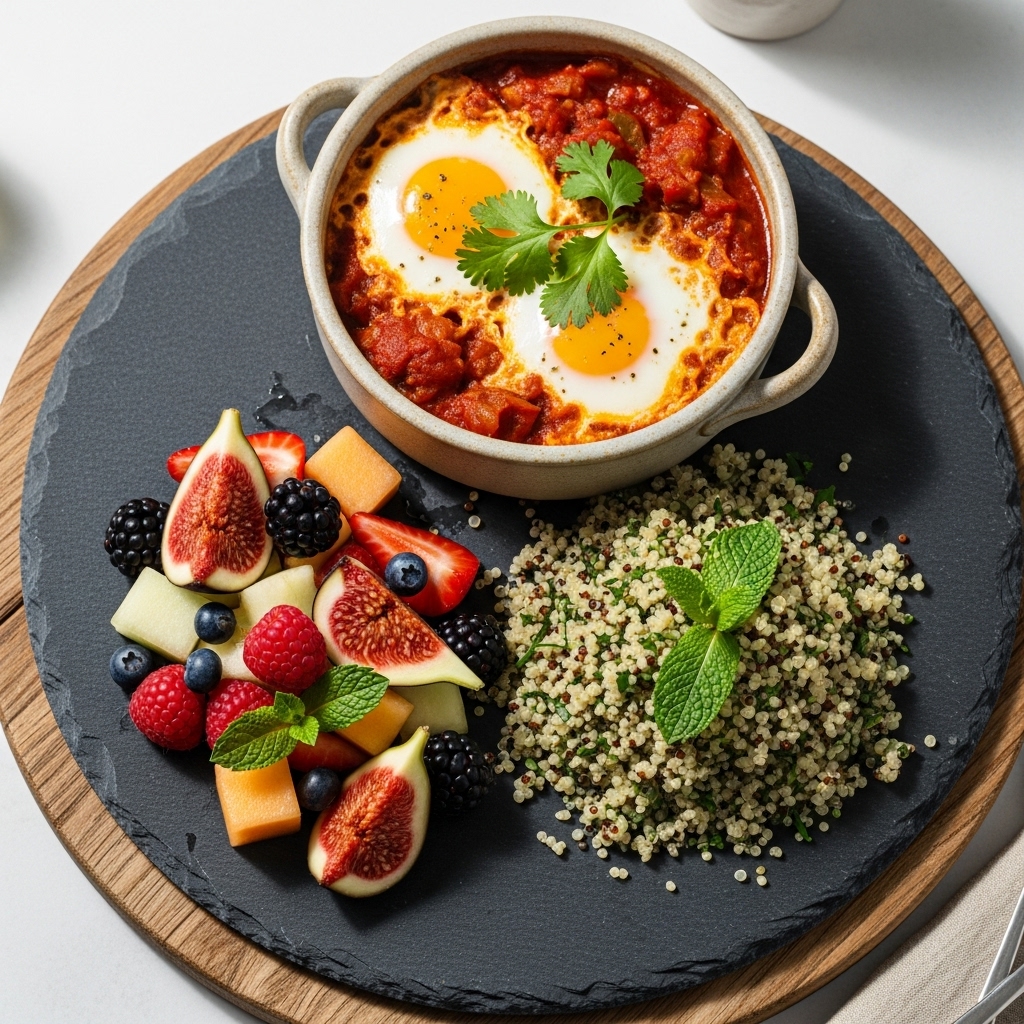 Israeli Gluten-Free Brunch Delight: Shakshuka with Herbed Quinoa and Fresh Fruit Salad
