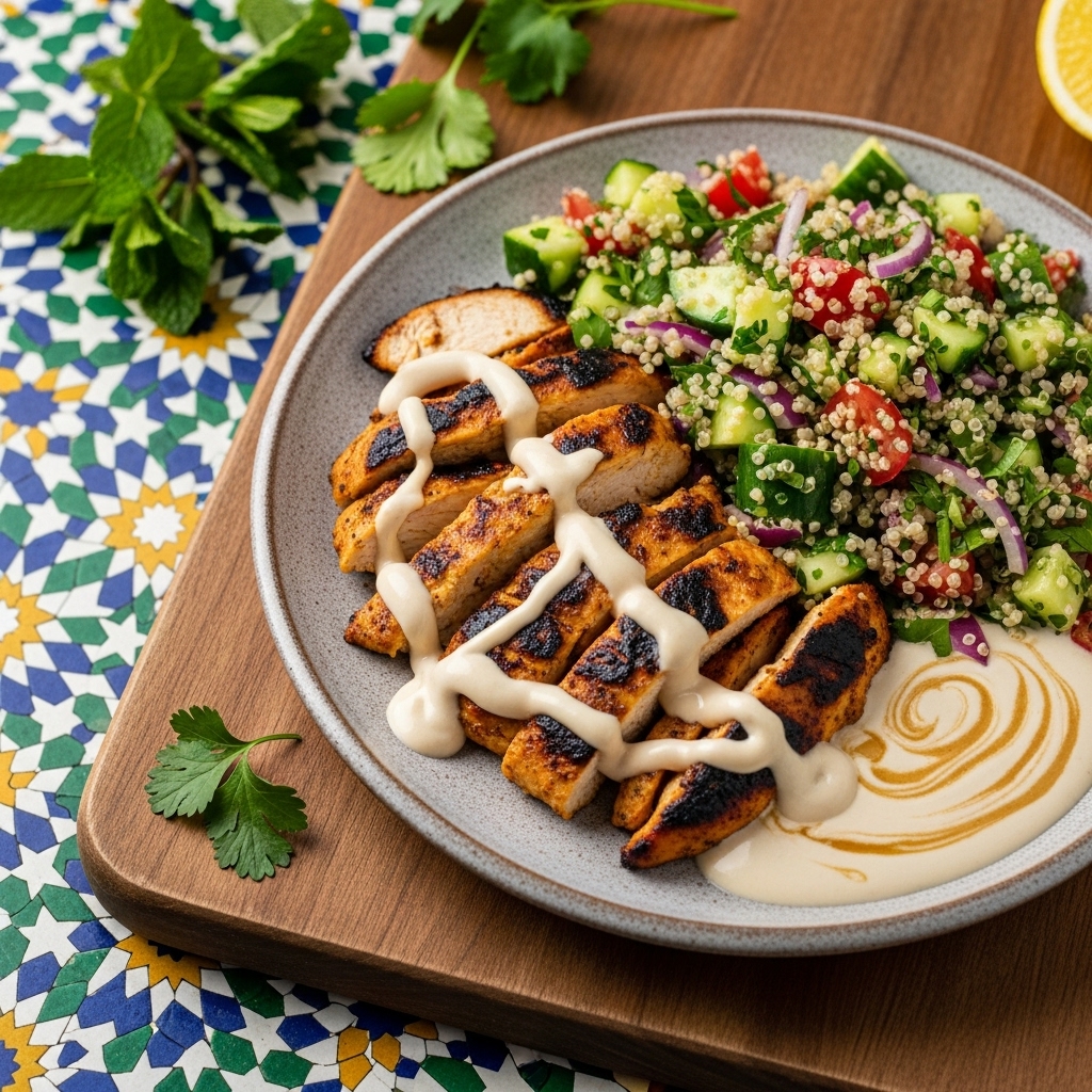 Israeli Gluten-Free Feast: Grilled Chicken Shawarma Bowl with Tahini Sauce and Quinoa Salad