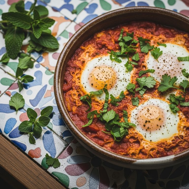 Israeli Gluten-Free Shakshuka Brunch with Spicy Tomato Sauce and Fresh Herbs