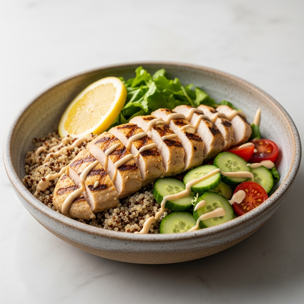 Israeli Grilled Chicken Salad Bowl with Quinoa, Cucumber, Tomatoes and Lemon Tahini Dressing (Paleo-Friendly)