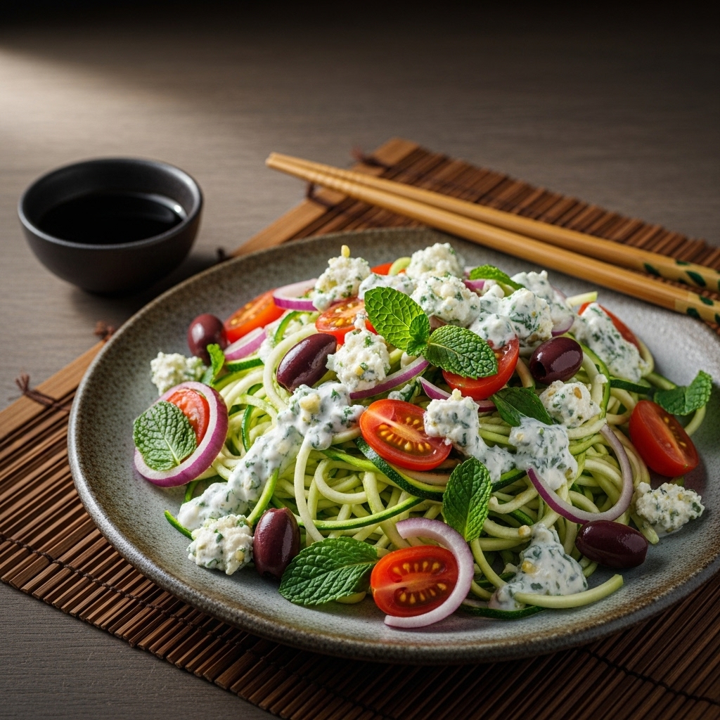 Israeli-Inspired Zucchini Noodle Salad with Herbed Feta Dressing (Keto)