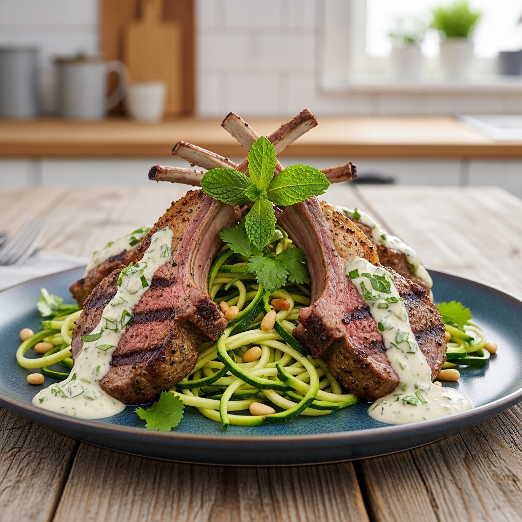 Israeli Keto Delight: Grilled Lamb Chops with Zucchini Noodles & Herbed Tahini Sauce