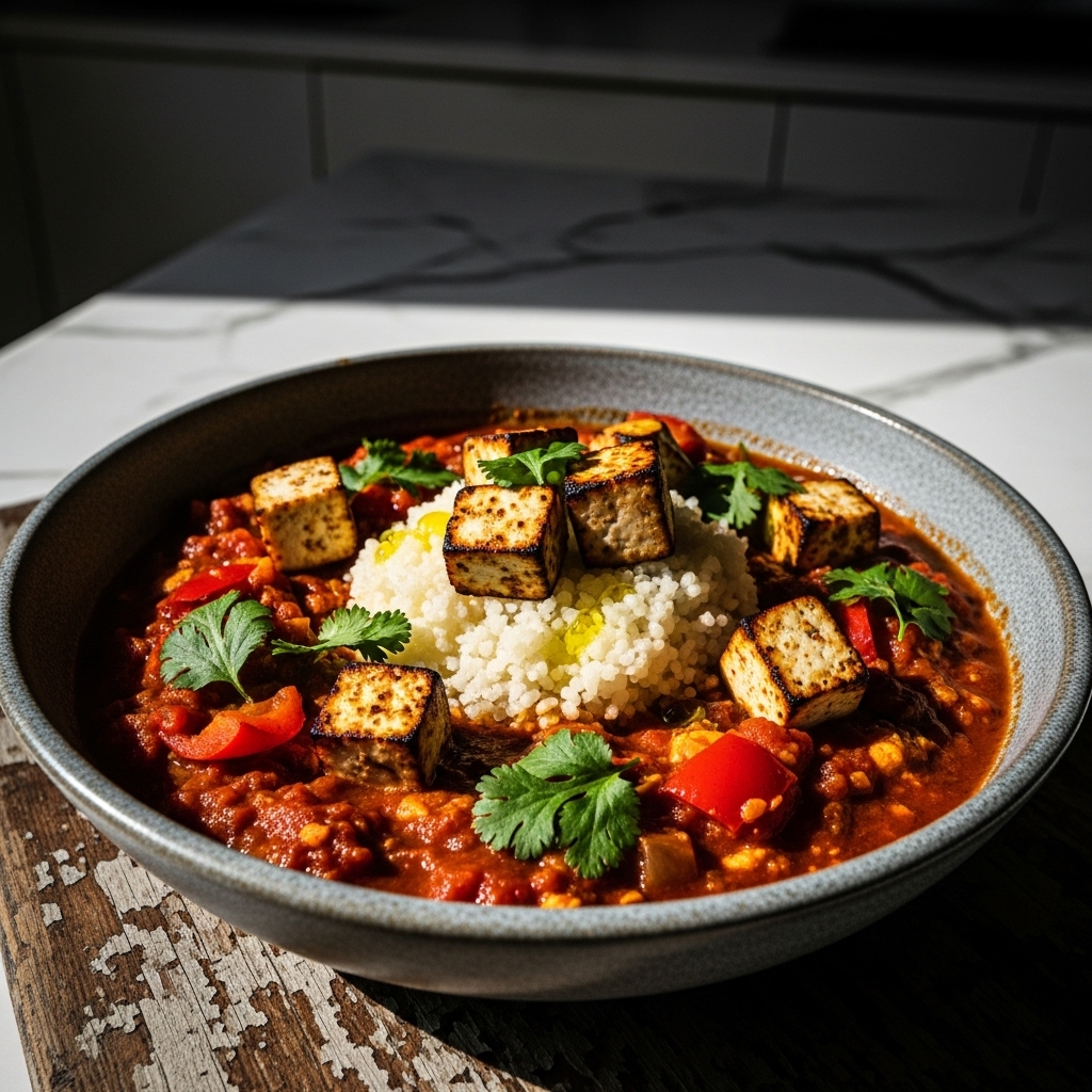Israeli Vegan Shakshuka with Cauliflower Rice and Smoked Tofu Feta