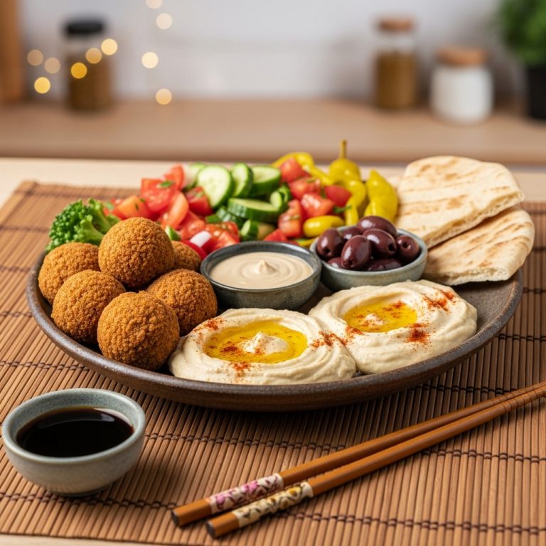 Israeli Vegetarian Breakfast Platter with Falafel and Hummus