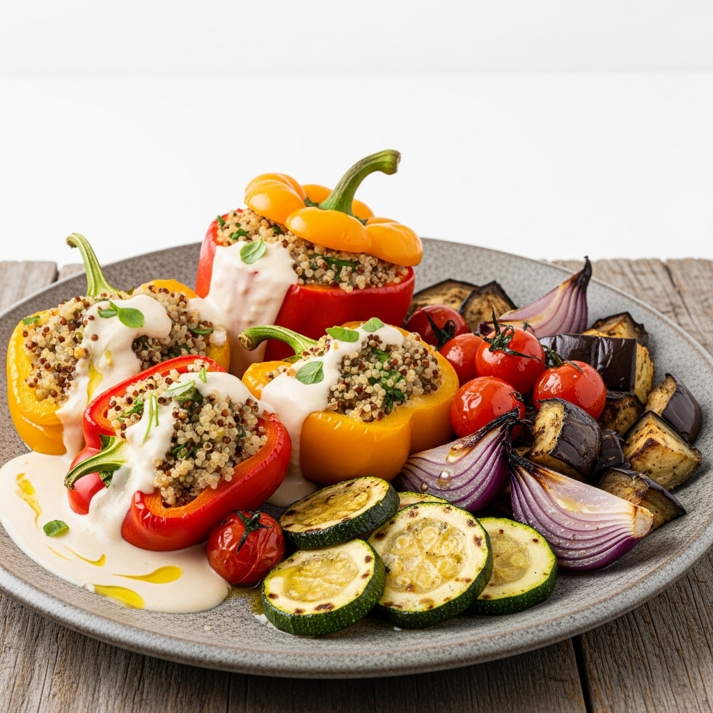Israeli Vegetarian Feast: Quinoa-Stuffed Bell Peppers with Creamy Tahini Sauce & Roasted Mediterranean Vegetables