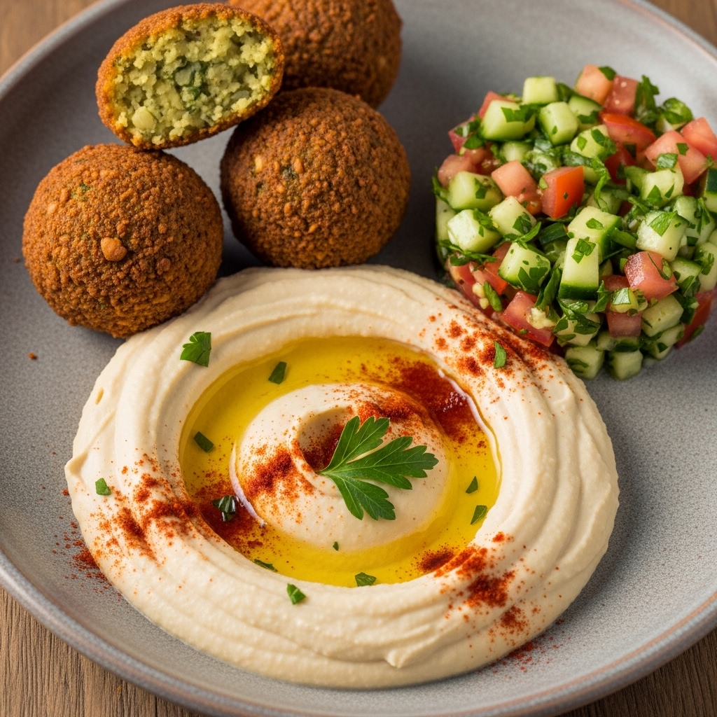 Israeli Vegetarian Lunch Delight: Hummus, Falafel, and Tahini Salad