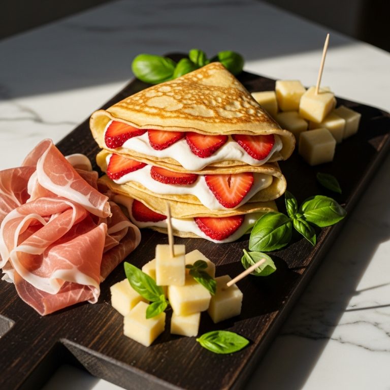 Italian Breakfast Delight: Aromatic Strawberry Mascarpone Crepes with Prosciutto and Cheese Bites