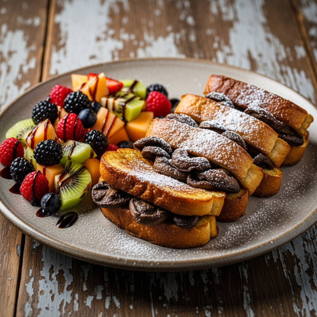Italian Vegan Brunch Delight: Mushroom Stuffed French Toast with Fresh Fruit Salad