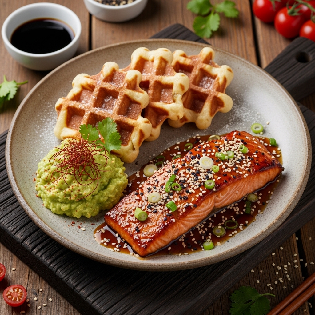Japanese Brunch Delight: Succulent Salmon Teriyaki with Mochi Waffles and Creamy Avocado Spread