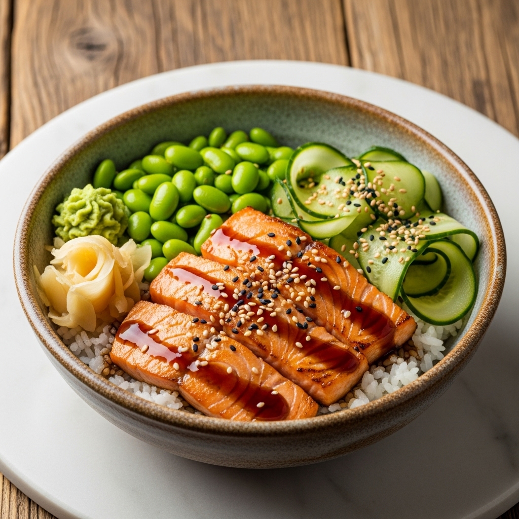 “Japanese Gluten-Free Salmon Teriyaki Sushi Bowls with Edamame and Pickled Cucumber”