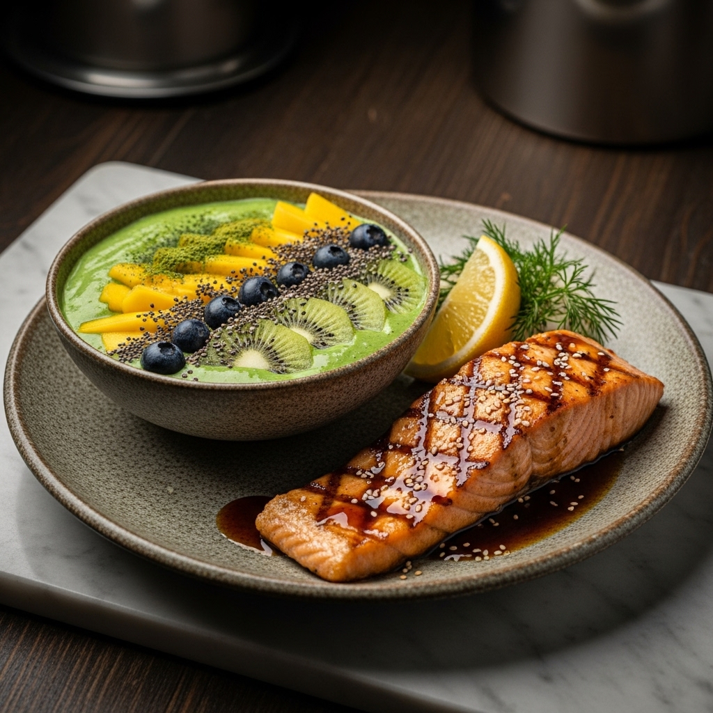 Japanese Green Smoothie Bowl & Grilled Salmon