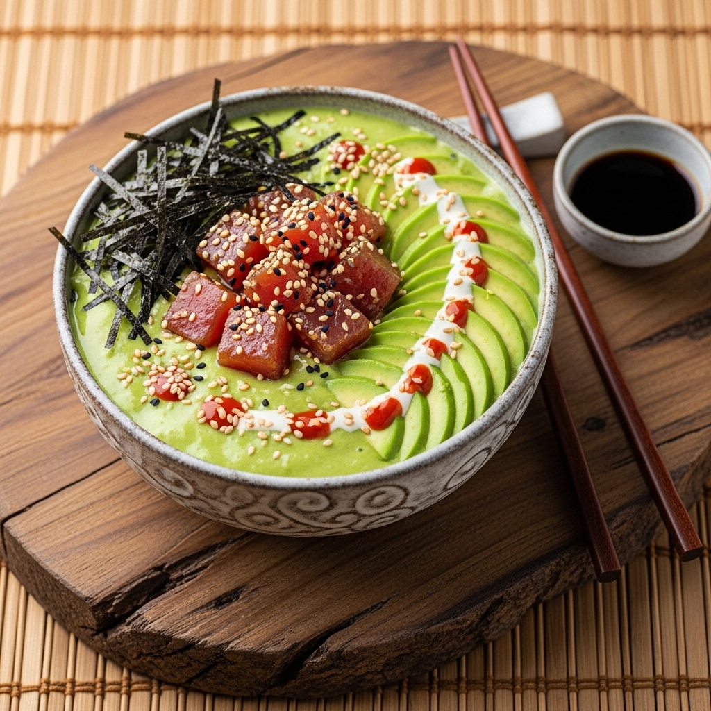 Japanese Green Smoothie Bowl with Avocado Tuna Poke and Nori