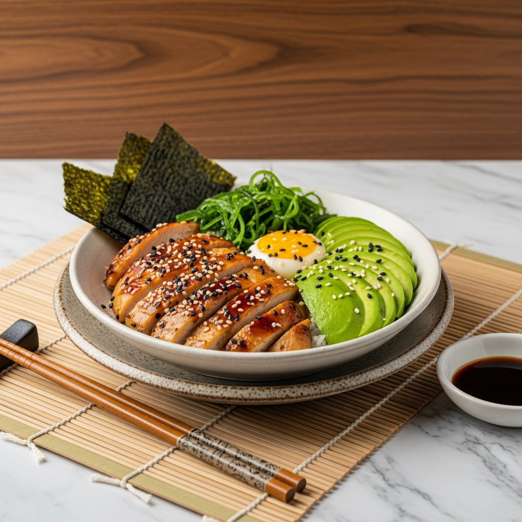 Japanese-Inspired Paleo Breakfast Bowl: Succulent Chicken Teriyaki with Creamy Avocado and Crispy Seaweed