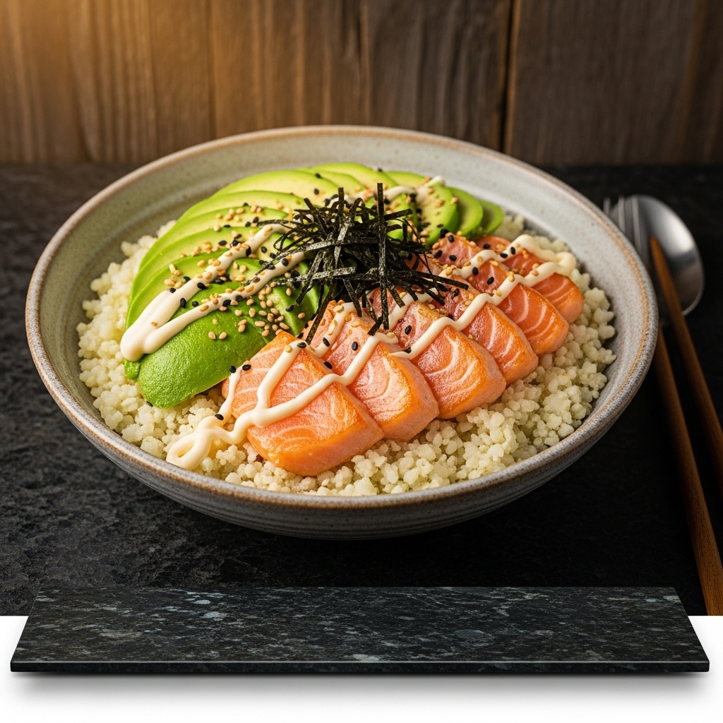 Japanese Keto Cauliflower Rice Bowl with Salmon and Avocado