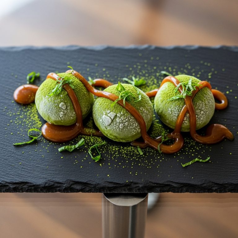 Japanese Matcha Frozen Mochi Delights with Miso Caramel Drizzle
