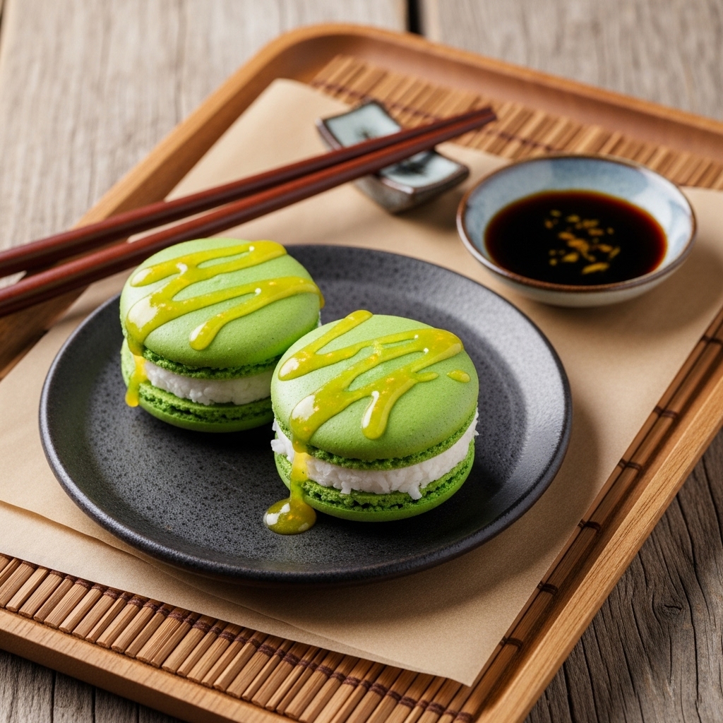 Japanese Matcha Macaron with Coconut Cream and Yuzu Glaze