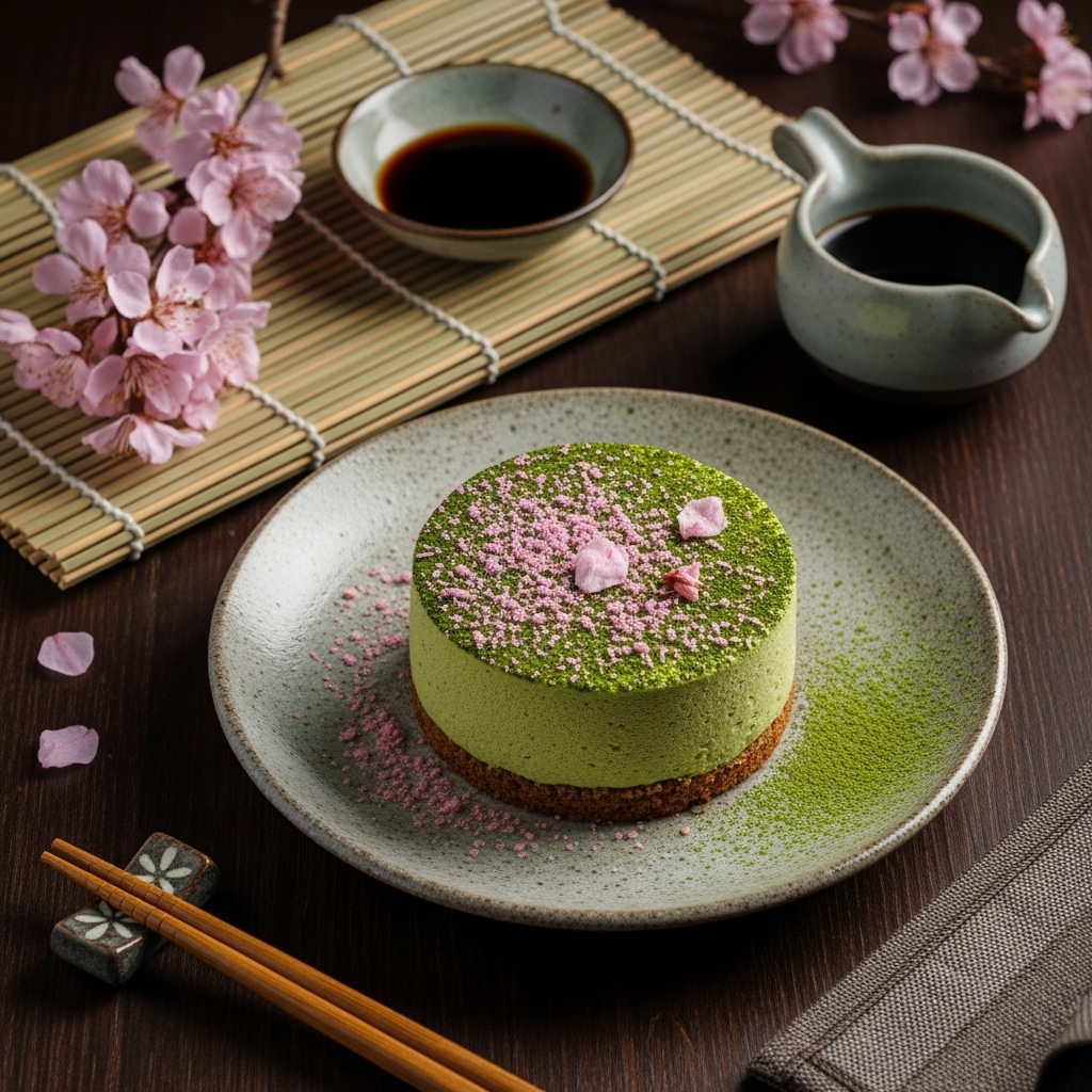 Moonlit Matcha Mousse Cake with Cherry Blossom Panna Cotta