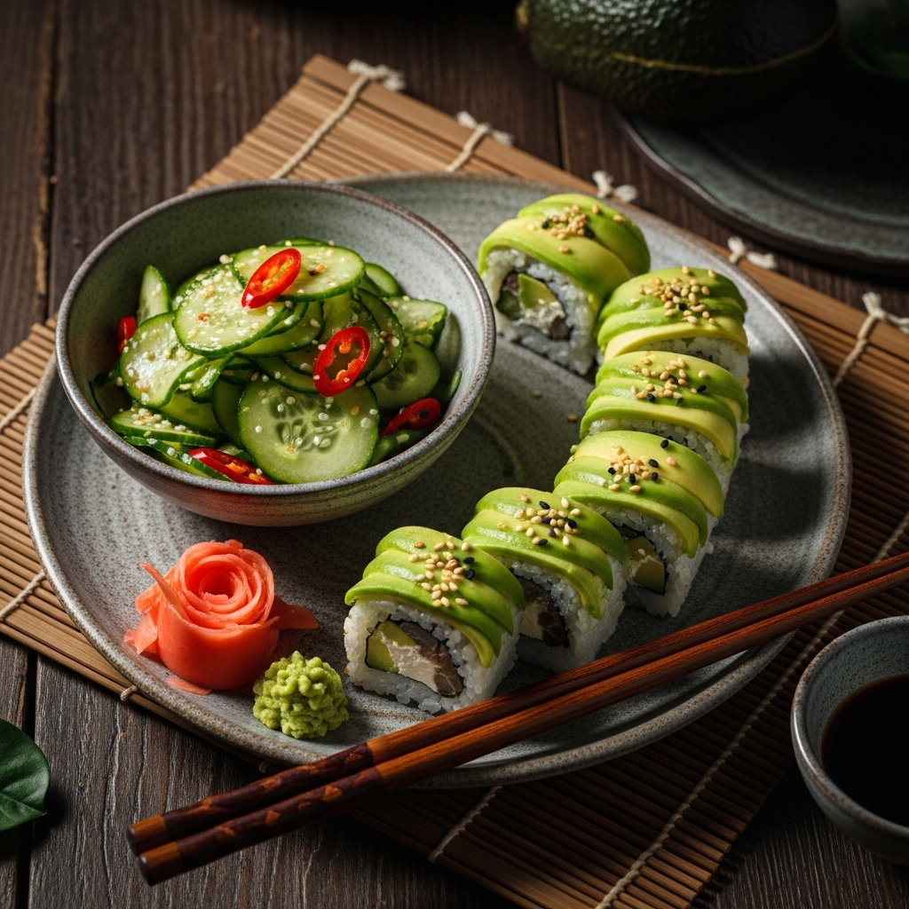 “Japanese Vegan Avocado Sushi Rolls with Spicy Cucumber Salad – A Cinematic Dining Experience”