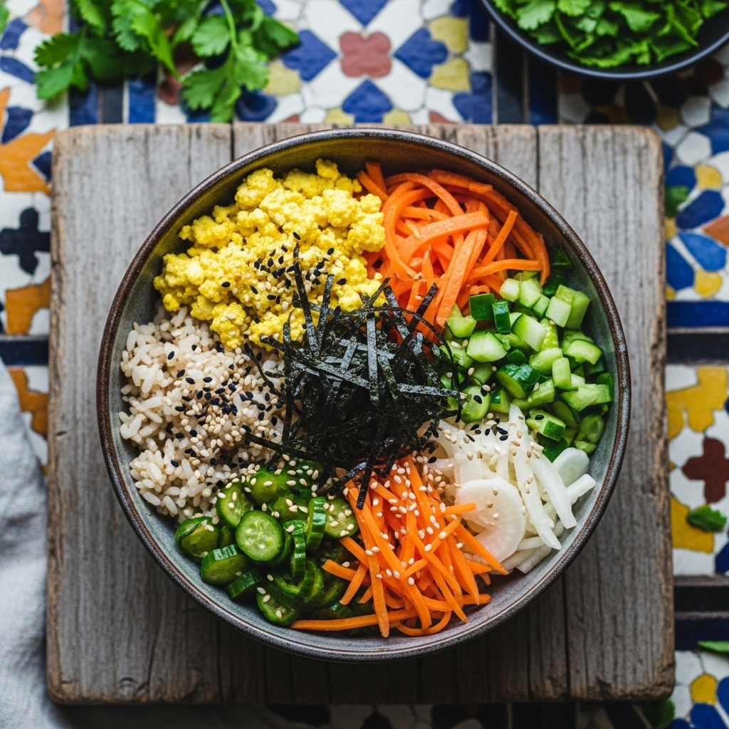 Japanese Vegan Breakfast Bowl: A Delightful Blend of Tofu Scramble and Sushi Rice