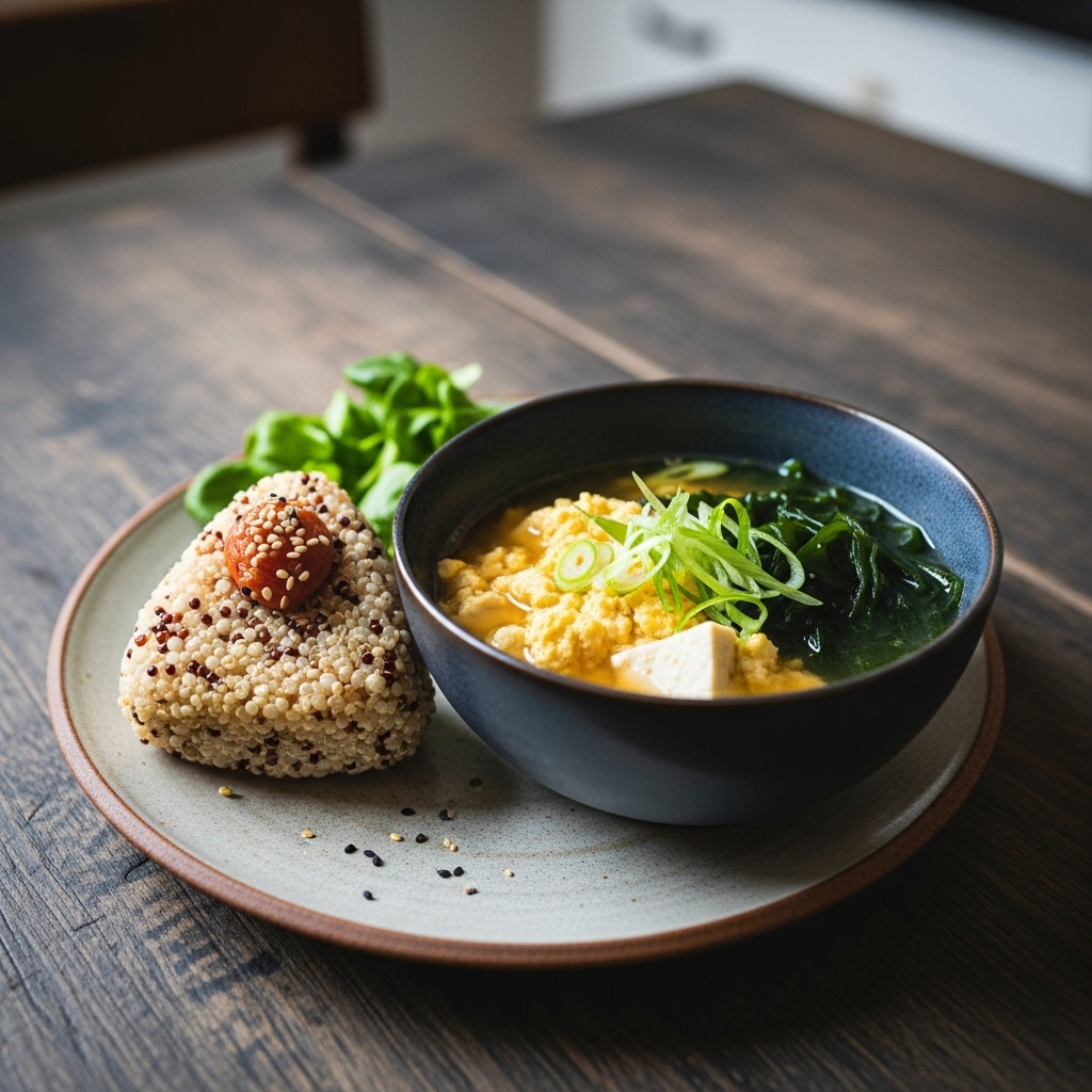 Japanese Vegan Brunch: Miso Soup with Tofu Scramble & Quinoa Onigiri (Gluten-Free)