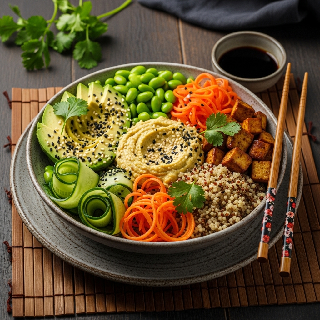 Japanese Vegan Energy Bowl with Creamy Edamame Hummus and Sesame Ginger Dressing