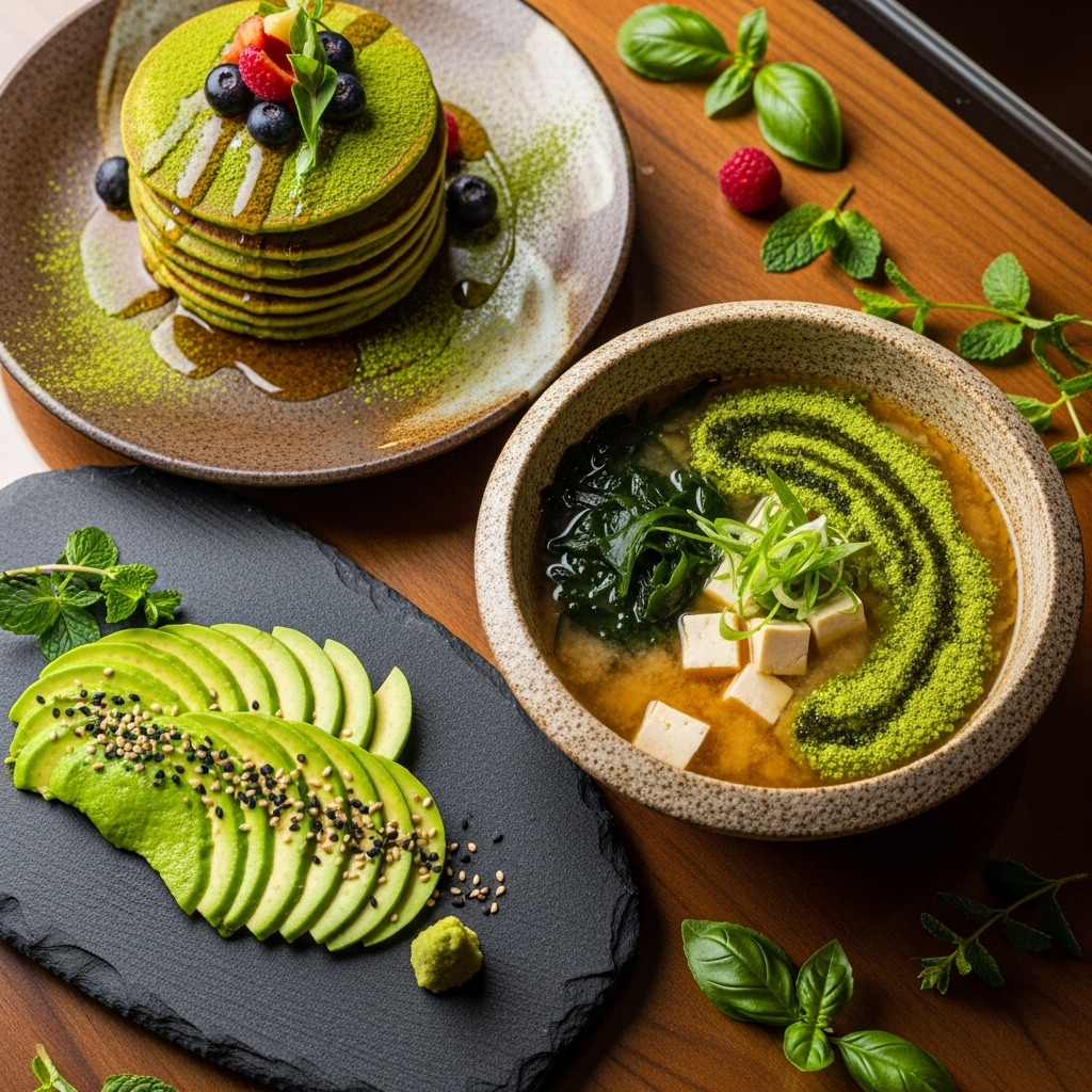 Japanese Vegan Miso Soup with Avocado Sashimi and Matcha Green Tea Pancakes