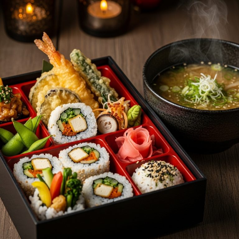 Japanese Vegetarian Bento Box: Aromatic Miso Soup and Tofu-Stuffed Sushi Rolls