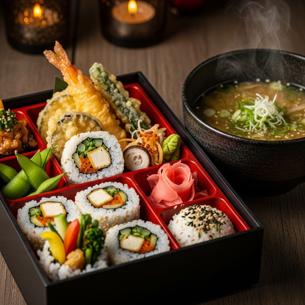 Japanese Vegetarian Bento Box: Aromatic Miso Soup and Tofu-Stuffed Sushi Rolls