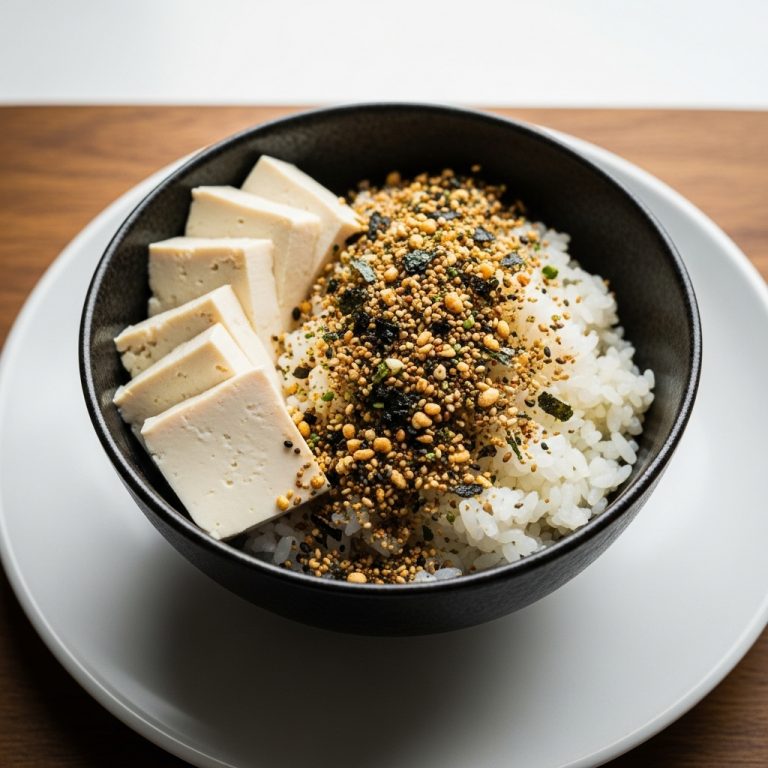 Japanese Vegetarian Breakfast Bowl: Aromatic Rice, Silky Tofu & Crunchy Furikake Delight