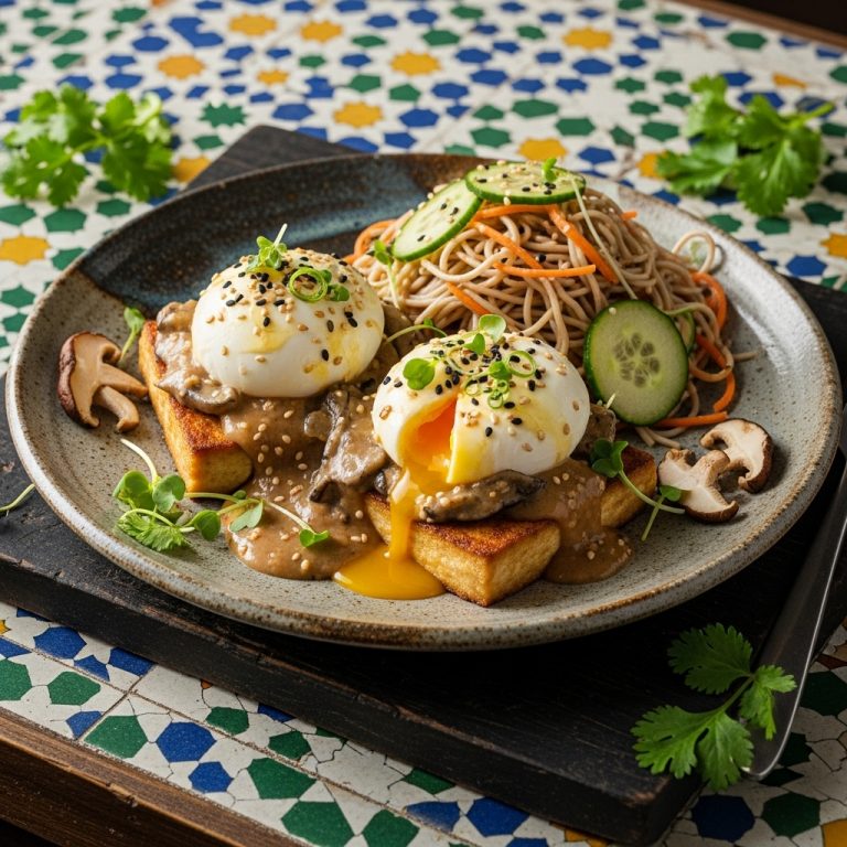Japanese Veggie Sunrise Tofu Benedict with Miso Shiitake Cream and Soba Salad