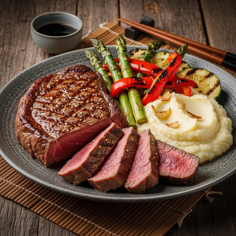 “Juicy Argentinian Steak with Creamy Garlic Cauliflower Mash and Smoky Grilled Vegetables”